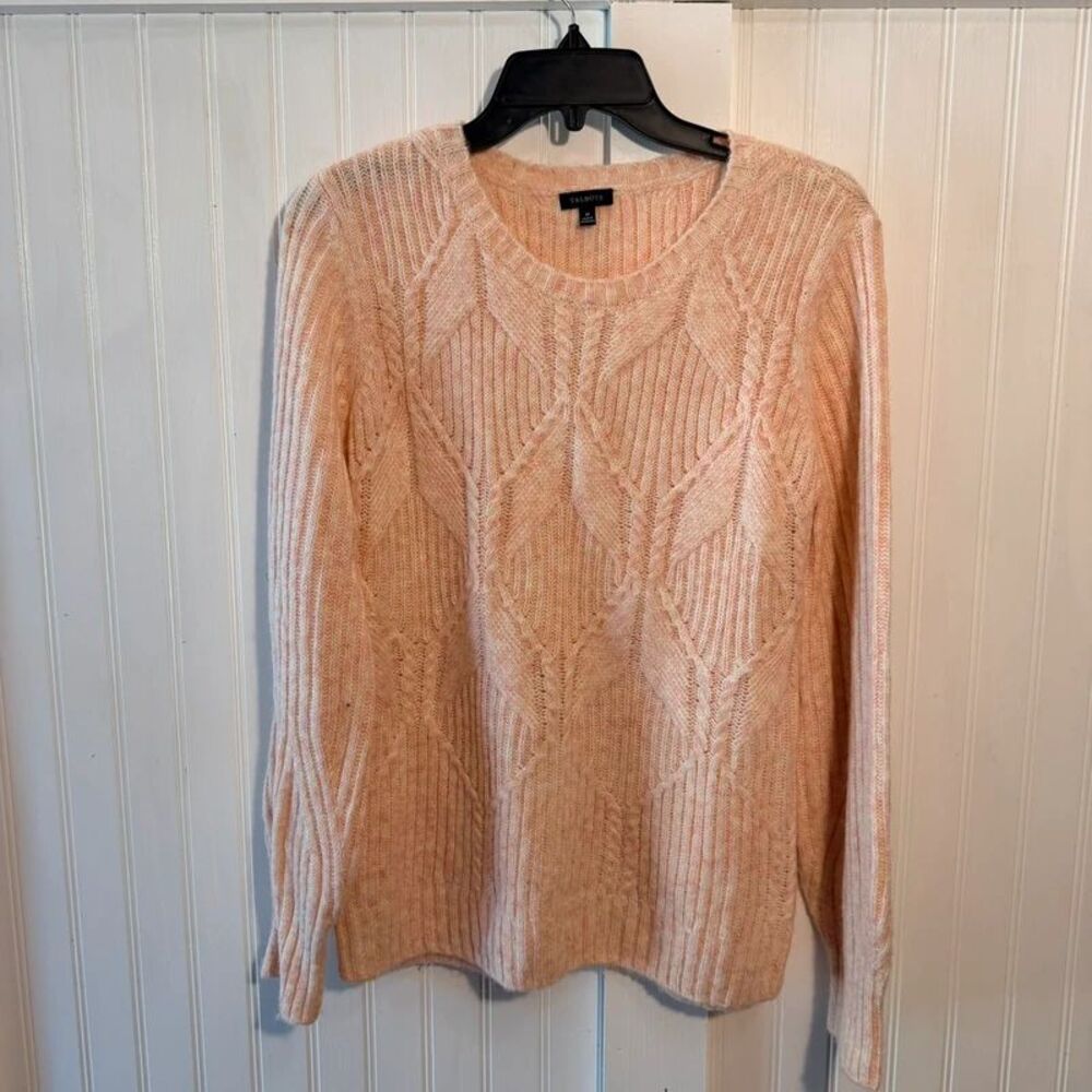 Talbots Sweater Sz M pink white cable knit herringbone